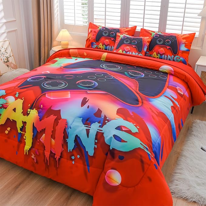 Aimuan Gaming Comforter Sets for Boys Kids Bedding Sets Video Games Console Action Buttons Novelty Colorful Game Gamepad Controller Modern Gamer Room Decor Home Quilt Set (Twin 6 Pcs, Red)