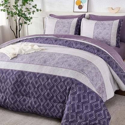 Dinjoy Boho Queen Comforter Set Purple,7 Piece Bed in a Bag Queen Size Breathable Summer Bedding Sets Plaid Striped Comforters Bed Set with Sheets for Family All Season