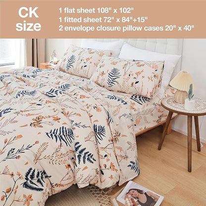 JSD Boho Floral Printed Sheet Set Cal King, 4 Piece, Soft Botanical Pattern Microfiber Sheets Extra Deep Pocket
