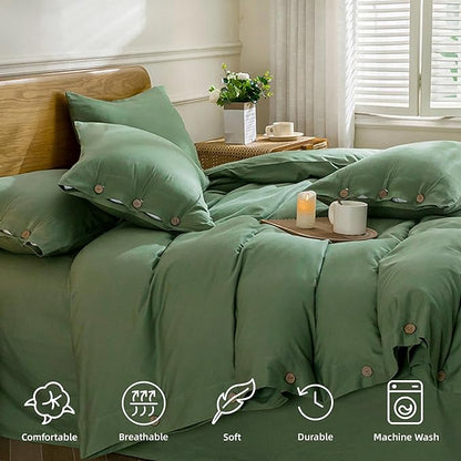 JELLYMONI Cotton Duvet Cover Twin Size - Green Comforter Cover with Button 100% Washed Cotton 2PCS Breathable Soft Solid Bedding Set Duvet Cover 68×90in & 1 Pillowcase (NO Comforter)