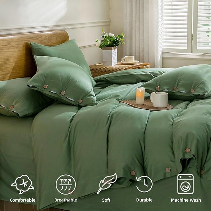 JELLYMONI Cotton Duvet Cover Full Size - Green Comforter Cover with Button 100% Washed Cotton 3PCS Breathable Soft Solid Bedding Set Duvet Cover 80×90in & 2 Pillowcases (NO Comforter)