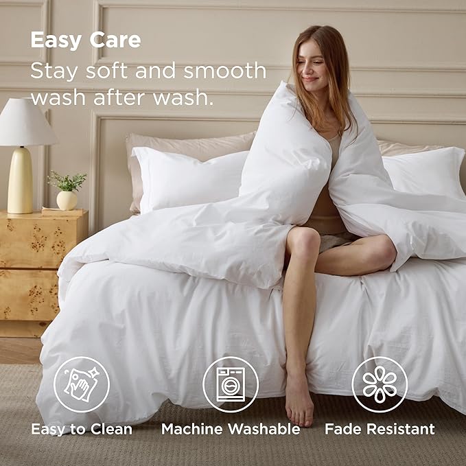 Bedsure 100% Washed Cotton Duvet Cover Oversized King - Bright White Minimalist Cotton Duvet Cover Linen Like for All Seasons - Plain Simple Bedding Set (Bright White, Oversized King, 120"x98")