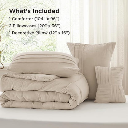 Bedsure California King Comforter Set - 4 Pieces Pinch Pleat Bed in A Bag, Linen Boho Bedding Sets for Summer, 1 Soft Comforter, 2 Pillowcases, 1 Decorative Pillow