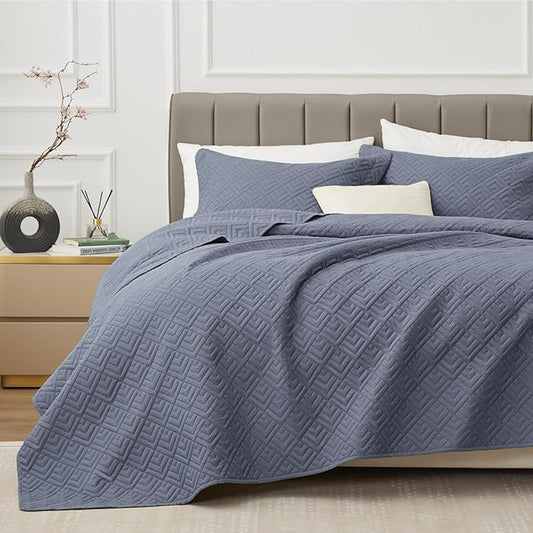 EXQ Home Quilt Set Twin Size Blue 2 Piece,Lightweight Soft Coverlet Modern Style Squares Pattern Bedspread Set for All Season(1 Quilt,1 Pillow Sham)