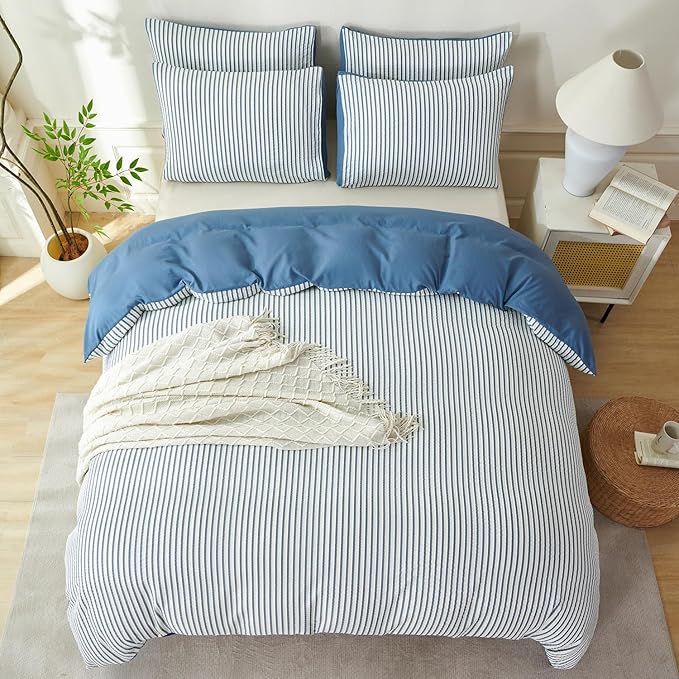 Comforter King Set Denim Blue Striped Soft Luxury Washed Microfiber Jacquard 3 Pieces Bedding, White Denim Blue Vertical Ticking Stripes Comforter with 2 Pillowcases Breathable Durable Comfy