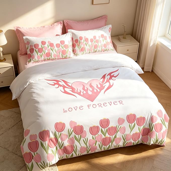 Girls Pink Floral Comforter Set King Size, Pink Tulip Soft Microfiber Bedding Set with Love Heart Pattern, 3Pieces All Season Lightweight Summer Comforter Set for Girls