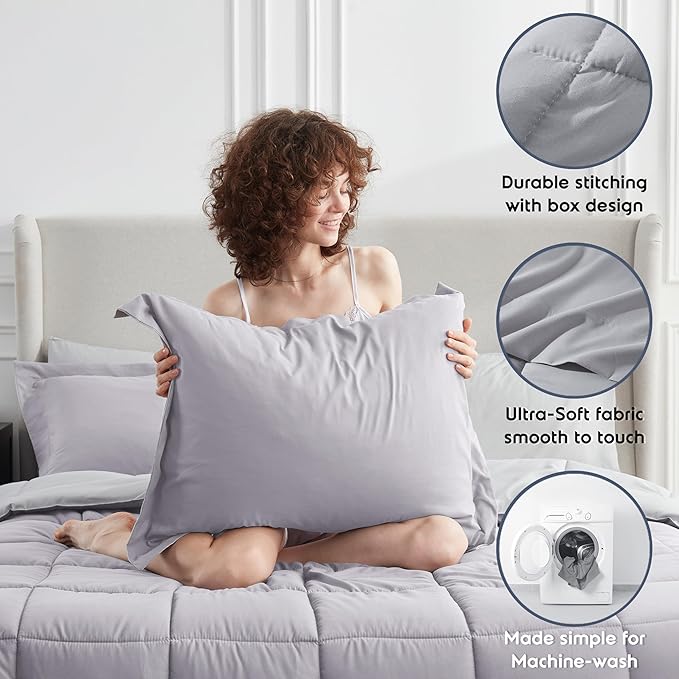 Nestl 7 Piece Full Comforter Set – Grey Lavender Reversible Bed in a Bag – Complete Full Size Bedding Set with Sheets, Pillowcases and Shams