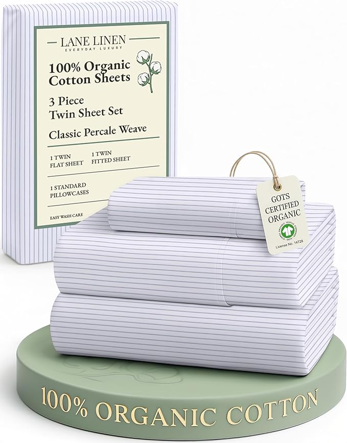 LANE LINEN 100% Organic Printed Cotton Sheets Twin Size, Classic Ticking Stripe Print (Available in Variety of Prints) Soft & Comfy Low Pill Fade Resistant Naturally Cooling Machine wash Twin Sheets