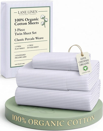 LANE LINEN 100% Organic Printed Cotton Sheets Twin Size, Classic Ticking Stripe Print (Available in Variety of Prints) Soft & Comfy Low Pill Fade Resistant Naturally Cooling Machine wash Twin Sheets