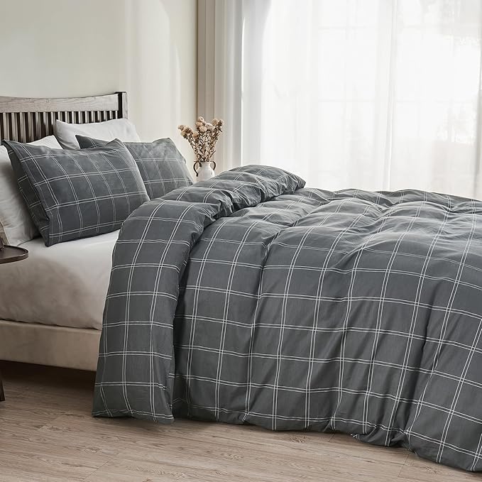 JELLYMONI 100% Natural Cotton Full Duvet Cover Set, 3pcs Plaid Duvet Cover Sets with Zipper Closure, Grid Geometric Pattern Comforter Cover, Dark Grey