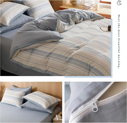VM VOUGEMARKET Blue White Stripes Duvet Cover King 100% Cotton Muslin Duvet Cover Embroidered Cozy Simple Modern Bedding Set for Men Women
