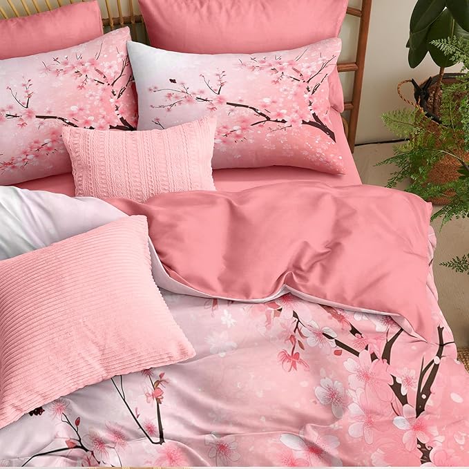 Pink Floral Comforter Set Full Size Cherry Blossom Bedding Set for Girls Boys Japanese Flower Decor Quilt Set - 3Pcs Soft Fluffy Microfiber with 2 Pillowcases(79 * 90)