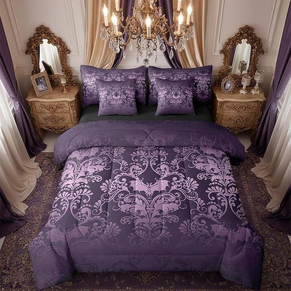 Erosebridal Gothic Damask 7 Piece Comforter Set Full Bed in a Bag,Halloween Bat Bedding Sets Purple Victorian Floral Goth Sheet Set with Comforter