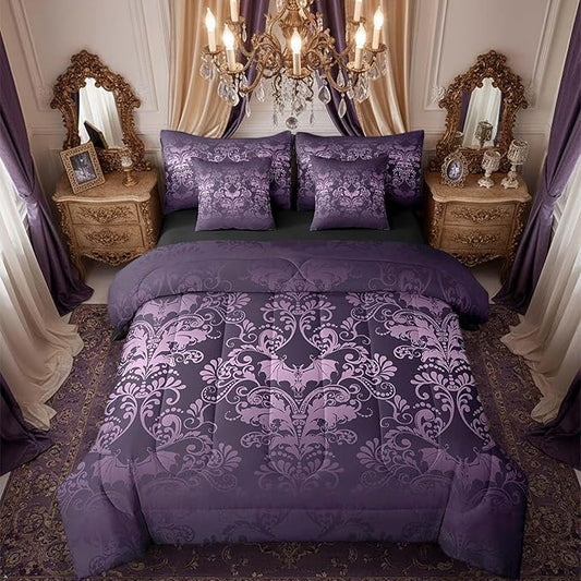 Erosebridal Gothic Damask 7 Piece Comforter Set Full Bed in a Bag,Halloween Bat Bedding Sets Purple Victorian Floral Goth Sheet Set with Comforter