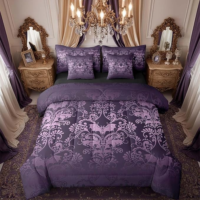 Erosebridal Gothic Damask Bed in a Bag King Size Comforter Set 7 Pieces,Halloween Bat Bedding Sets Purple Victorian Floral Goth Sheet Set with Comforter
