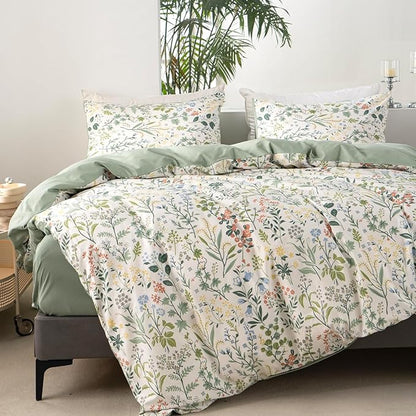 Mixinni Sage Green Floral Duvet Cover Set - Soft Cotton Cute Wildflower Green Leaves Print, Full Size, 1 Duvet Cover and 2 Pillowcases with Zipper & Ties