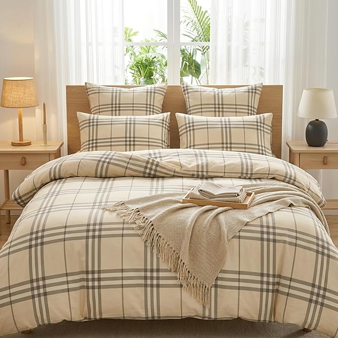 Nayoroom Plaid Duvet Cover Queen Size Vintage Tan Cream Gingham Checkered Duvet Cover Dorm Bedding Set 3 Pieces Soft Lightweight Microfiber Farmhouse Bedding Set Gifts for Women Men