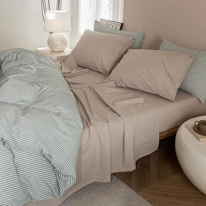 JIYUAN Twin Size Sheet Set, 3-Piece - 100% Washed Cotton, Linen-Like Soft & Breathable, Includes Deep Pocket Fitted & Flat Sheet with 1 Pillowcases, Hotel Quality, Heathered Warm Taupe