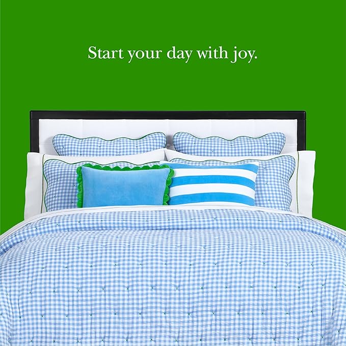 kate spade new york Joyful Gingham 3-Piece King Quilt Bedding Set, Poly-Cotton Blend Reversible Cover, All Season Warmth Bedding, Machine Washable, Windy Blue
