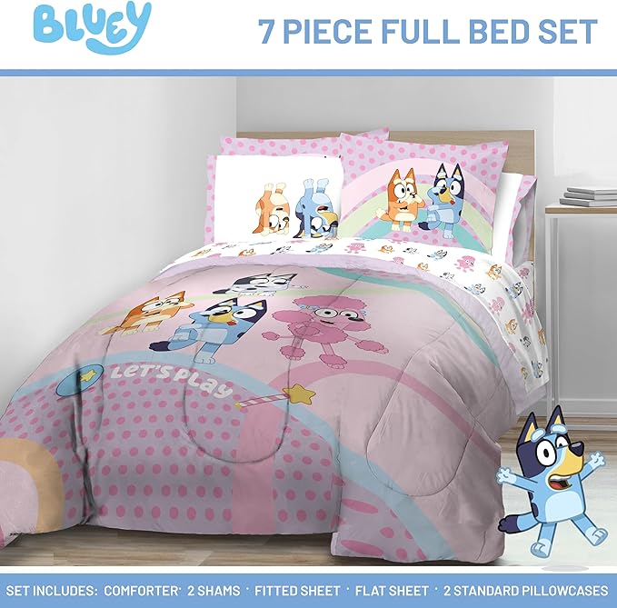 Jay Franco Kids Comforter Set Includes Sheets and Pillow Covers - Soft and Cozy Bed Set for Stylish Room Decor, Pink - Bluey 7 Piece Full Size Bedding