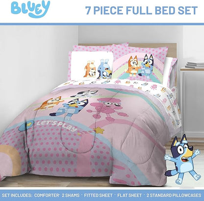 Jay Franco Kids Comforter Set Includes Sheets and Pillow Covers - Soft and Cozy Bed Set for Stylish Room Decor, Pink - Bluey 7 Piece Full Size Bedding