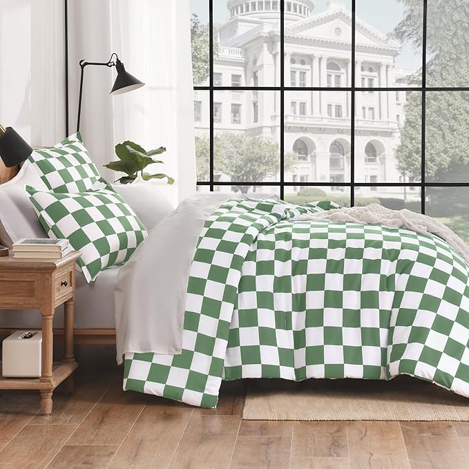 Andency Green Checkered Comforter Twin(66x90Inch), Plaid Gingham Buffalo Grid Bedding Comforter Sets for Boys Kids Teens, 2 Pieces Lightweight Polyester Geometric Preppy Bed Set