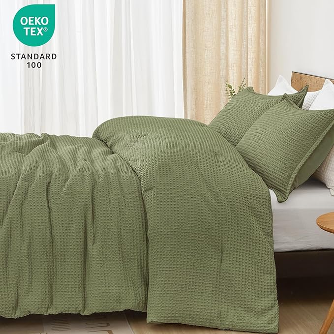 PHF Ultra Soft Waffle Weave Comforter Set King Size, 3 Pieces Lightweight Breathable Comfy Bedding Set, Comfy Textured 1 Comforter with 2 Pillow Shams, Olive Green