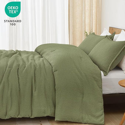 PHF Ultra Soft Waffle Weave Comforter Set Queen Size, 3 Pieces Lightweight Breathable Comfy Bedding Set, Comfy Textured 1 Comforter with 2 Pillow Shams, Olive Green