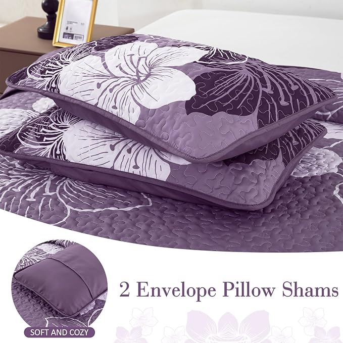 DJY 3 Pieces Quilt Set King Dark Purple Floral Pattern Quilt Coverlet Set Elegant Boho Bedspread with 2 Pillow Cases Soft Microfiber Botanical Bedding Quilt Set for Teens Adults 104"x 90"