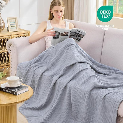 EMME Cotton Muslin Large Throw Blanket Couch Breathable Gauze Blanket Soft Lightweight Bed Blankets Adults (Dusty Blue, 50"x70")
