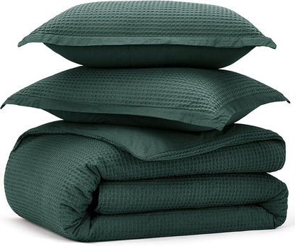 Bedsure Cotton Duvet Cover King - 100% Cotton Waffle Weave Forest Green Duvet Cover King Size, GentleSoft™ and Breathable Bedding Set for All Season, 3 Pieces, 104"x90"