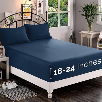 Elegant Comfort 1500 Premium Quality Fitted Sheet Ultra Soft 18-24 Inch Extra Deep Pocket - Single Fitted Sheet for High Mattress - Wrinkle Free with Smart Storage Pockets, Queen, Navy Blue