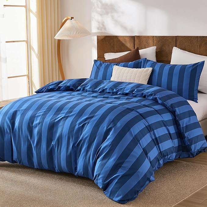 Merryword Blue Striped Duvet Cover Set Queen Size, 100% Natural Cotton Linen Like Duvet Cover Set with Zipper Closure & 8 Corner Ties, Dark Blue Soft Reversible Bedding for All Seasons