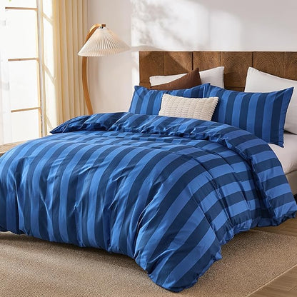 Merryword Blue Striped Duvet Cover Set Queen Size, 100% Natural Cotton Linen Like Duvet Cover Set with Zipper Closure & 8 Corner Ties, Dark Blue Soft Reversible Bedding for All Seasons