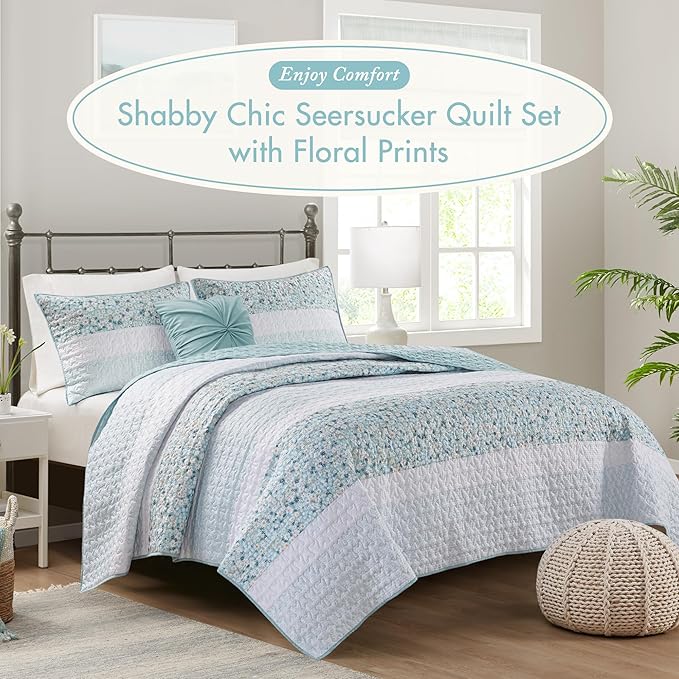 Madison Park Queen Quilt Set, Seersucker Floral Coverlet, All Season Lightweight Microfiber Bedding Quilt Set, Vermicelli Quilting Design, Throw Pillow, Caralie, Full/Queen Aqua 4 Piece