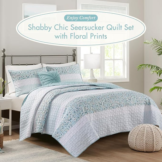 Madison Park Queen Quilt Set, Seersucker Floral Coverlet, All Season Lightweight Microfiber Bedding Quilt Set, Vermicelli Quilting Design, Throw Pillow, Caralie, Full/Queen Aqua 4 Piece