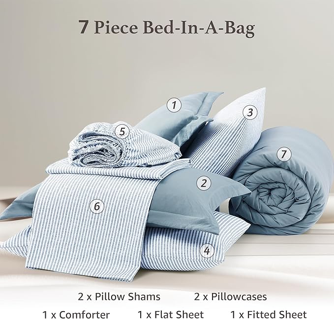 Monbix Queen Comforter Set - 7 Pieces Dusty Blue Prewashed Bed in a Bag Queen Bedding Sets with Comforters, All Seasons Ultra Soft Comforter Bed Set with Sheets,Pillowcases & Shams