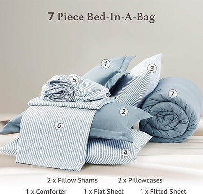 Monbix Oversized King Size Comforter Set - 7 Pieces Dusty Blue Prewashed Bed in a Bag Bedding Sets with Comforters, All Seasons Ultra Soft Comforter Bed Set with Sheets, Pillowcases & Shams