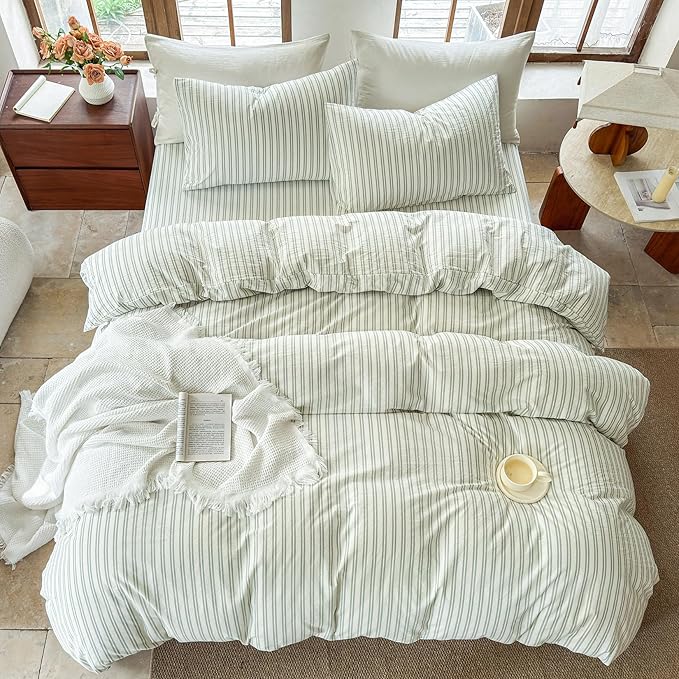 Striped Duvet Cover Set 100% Washed Cotton Linen Like Soft Feelling Breathable Bedding(White/Sage Green Strip,King)