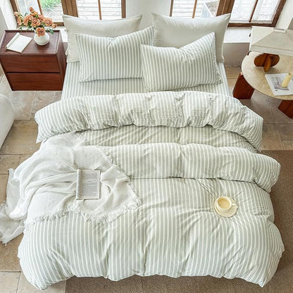 Striped Duvet Cover Set 100% Washed Cotton Linen Like Soft Feelling Breathable Bedding(White/Sage Green Strip,Queen)