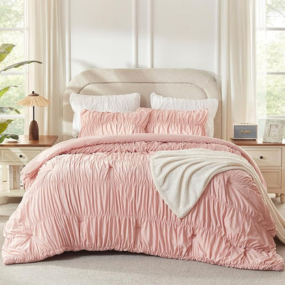 Andency Ruched Blush Pink Queen Comforter Set, Shabby Chic Pleated Bedding Sets 3 Pieces, Lightweight Soft Boho Ruffle Bed Set for Girls, Kids, Women, All Season