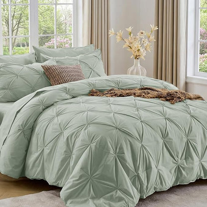 Sasttie King Size Comforter Set, 7-Piece Bed in a Bag, Pintuck Bedding Sets for All Season, Includes Comforter, Flat Sheet, Fitted Sheet, Pillowcases and Pillowshams, Dusty Green