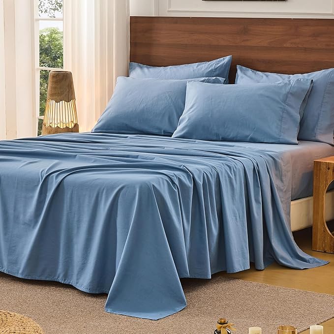 Bedlifes 100% French Pure Linen Sheets King Size Breathable and Cooling Flax Sheet Set Soft Durable and Moisture Wicking 16 Inch Deep Pocket-4 Piece(King,Flint Blue)
