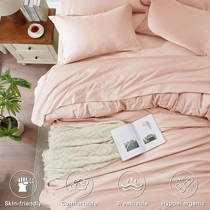 Anluoer Pink Queen Comforter Set 7 Pieces, Bed in a Bag with Sheets, All Season Bedding Sets with 1 Comforter, 2 Pillow Shams, 2 Pillowcases, 1 Flat Sheet, 1 Fitted Sheet