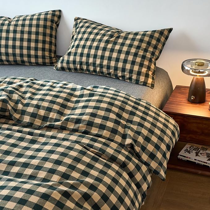 EAVD Vintage Style Beige&Green Plaid Duvet Cover Set Queen 100% Washed Cotton Like Linen Feel Soft Grid Checkered Bedding Set with 2 Pillowcases Farmhouse Geometric Pattern Duvet Cover with Zipper