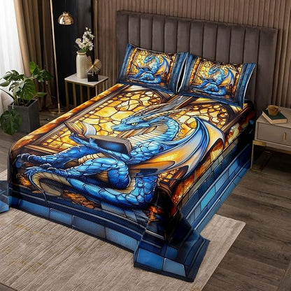 Western Dragon Kids Bedspread Twin Size,Blue Dragon Reading Book Bookshelf Coverlet Set,Boys Girls Room Decor,Geometric Patchwork Abstract Quilted Coverlet,Trippy Chic Bedding Quilt,1 Pillowcase