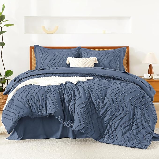 Litanika California King Size Comforter Set with Sheets Ocean Blue - 7 Pieces Bed in a Bag Cal King Chevron Tufted Complete Bedding Sets with Comforter, Sheets, Pillowcases & Shams