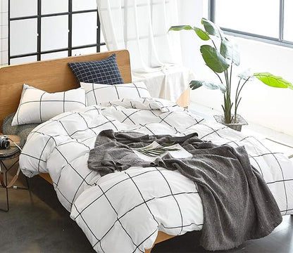 CLOTHKNOW White Plaid Queen Comforter Set Grid Bedding Comforter Sets Geometric Comforter Soft White Comforter with 2 x Pillow Cases
