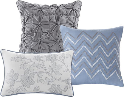Madison Park Luna Quilt Modern Classic Design All Season, Breathable Coverlet Lightweight Bedding Set, Matching Shams, Decorative Pillow, Full/Queen(90"x90"), Floral Blue 6 Piece