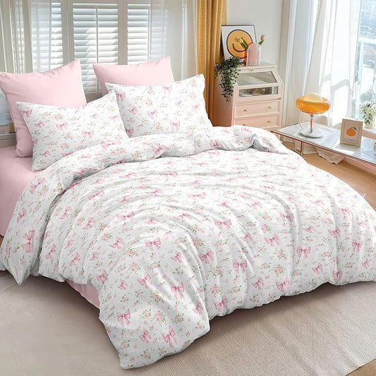Nayoroom Pink Bow Comforter Set Full Size White Green Leaf Floral Comforter 3 Pieces Girls Soft Lightweight Cute Coquette Bedding Set for All Seasons